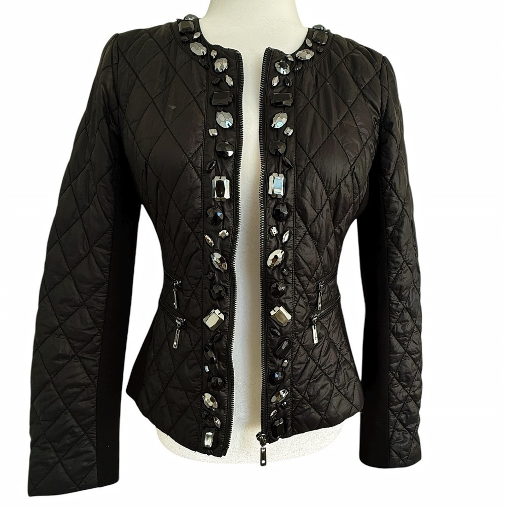 WHBM XS Black Quilted Jeweled Puffer Jacket Embellished Blazer Coat